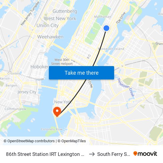 86th Street Station IRT Lexington Avenue Line to South Ferry Station map