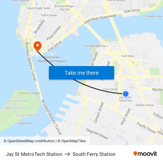 Jay St MetroTech Station to South Ferry Station map