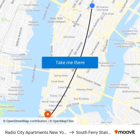 Radio City Apartments New York to South Ferry Station map