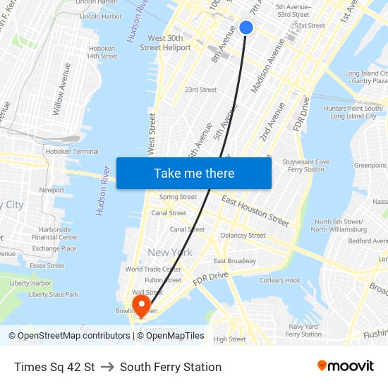 Times Sq 42 St to South Ferry Station map