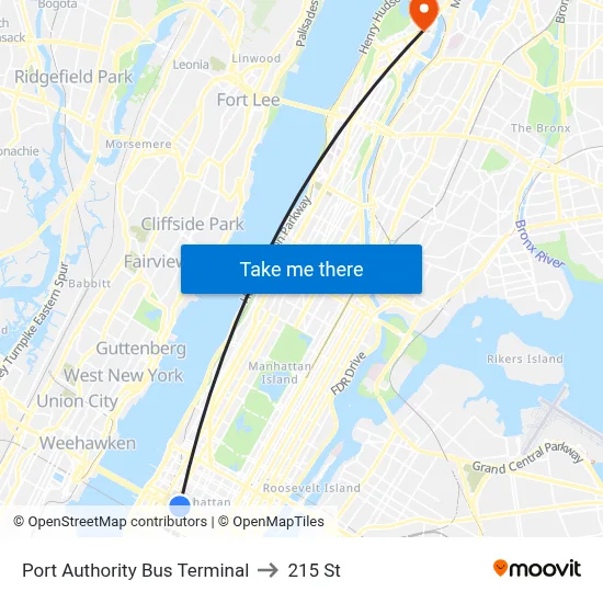 Port Authority Bus Terminal to 215 St map