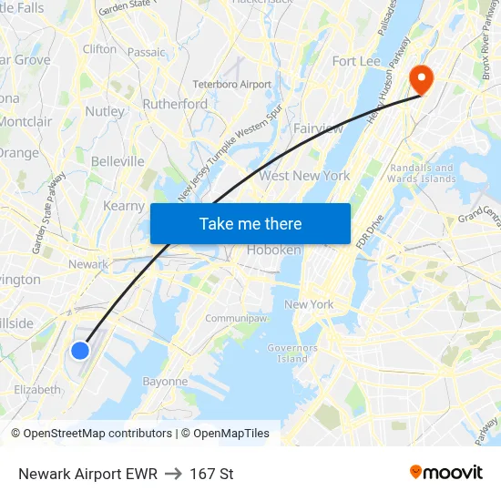 Newark Airport EWR to 167 St map