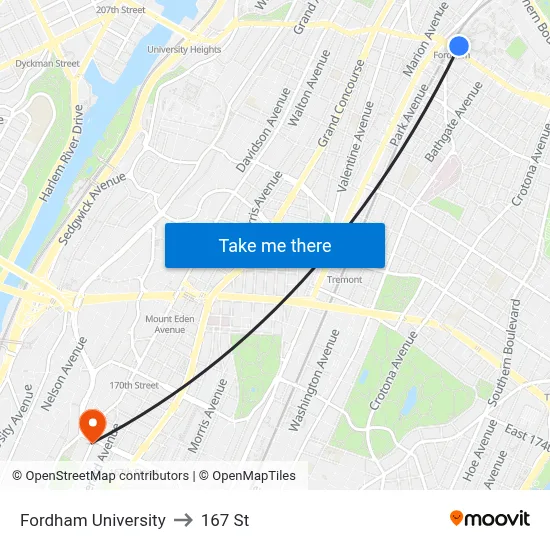 Fordham University to 167 St map