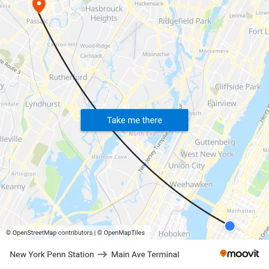 New York Penn Station to Main Ave Terminal map