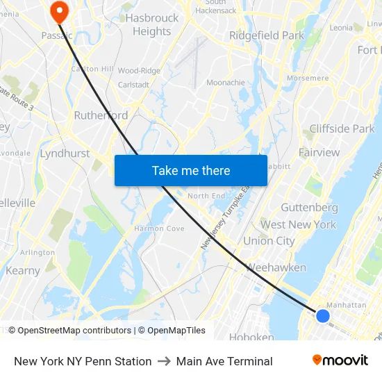 New York NY Penn Station to Main Ave Terminal map