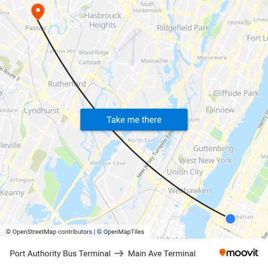 Port Authority Bus Terminal to Main Ave Terminal map