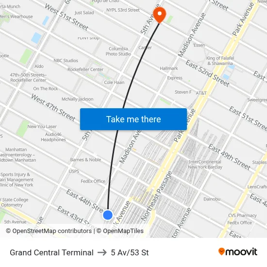 Grand Central Terminal to 5 Av/53 St map