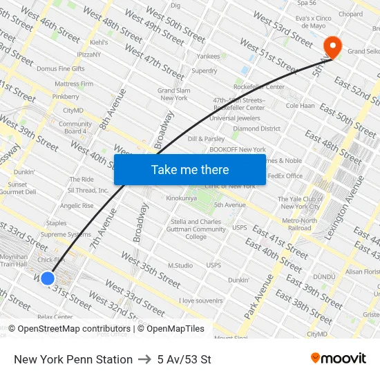 New York Penn Station to 5 Av/53 St map