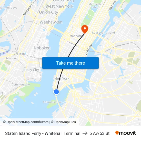 Staten Island Ferry - Whitehall Terminal to 5 Av/53 St map