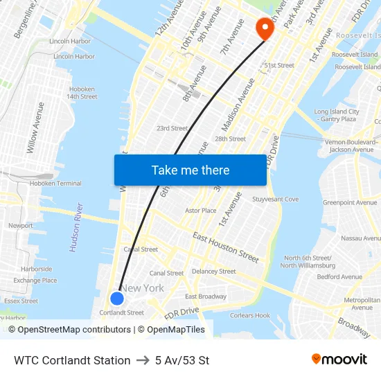 WTC Cortlandt Station to 5 Av/53 St map
