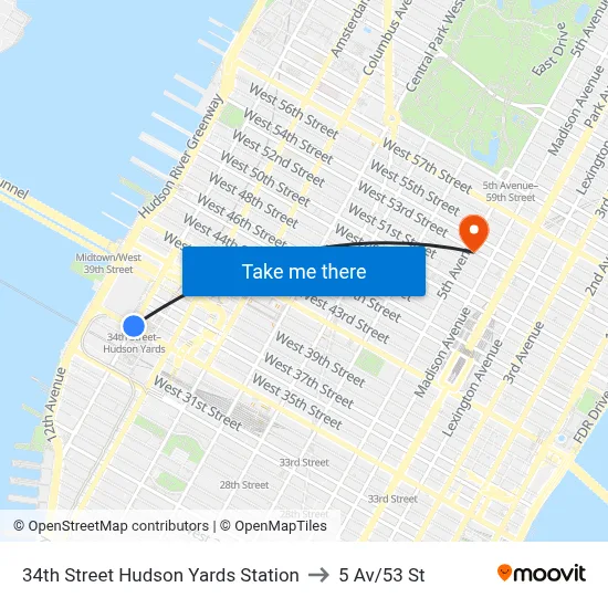 34th Street Hudson Yards Station to 5 Av/53 St map