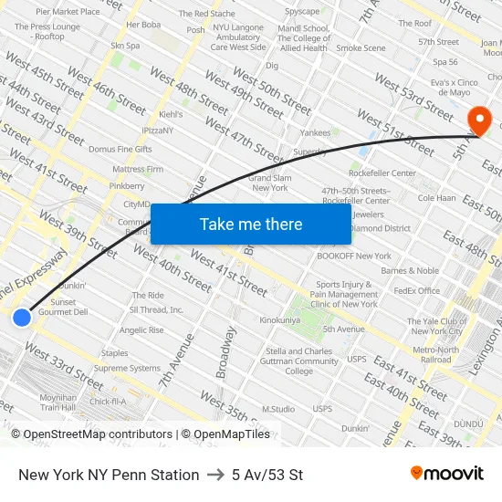 New York NY Penn Station to 5 Av/53 St map