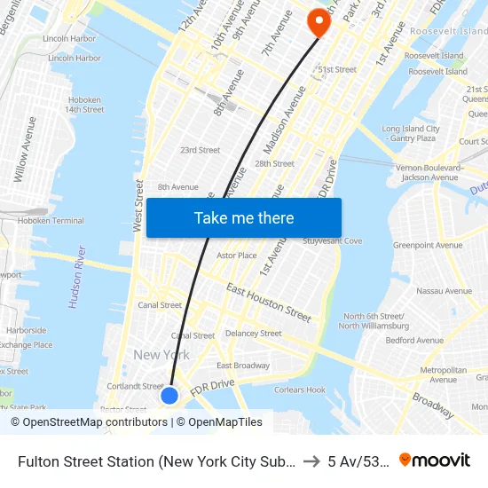 Fulton Street Station (New York City Subway) to 5 Av/53 St map