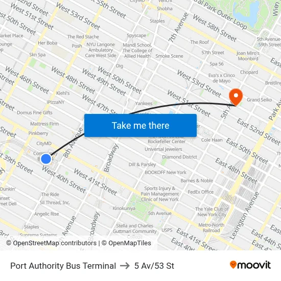 Port Authority Bus Terminal to 5 Av/53 St map