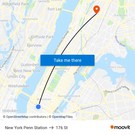 New York Penn Station to 176 St map