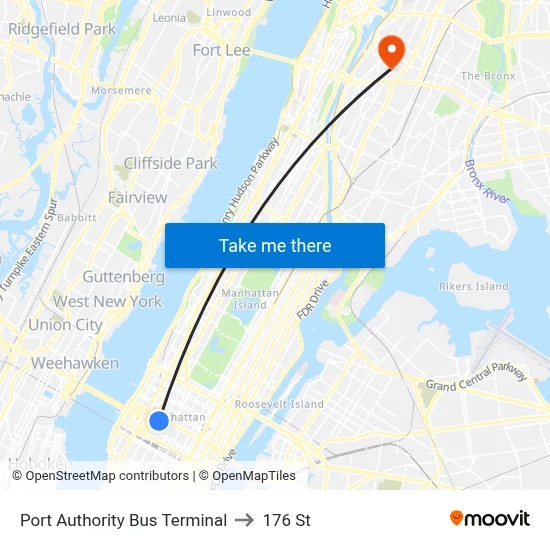 Port Authority Bus Terminal to 176 St map