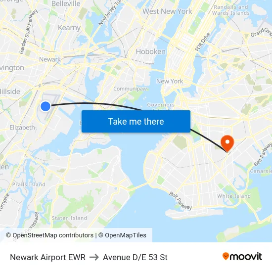 Newark Airport EWR to Avenue D/E 53 St map