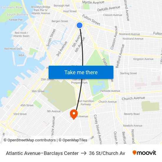 Atlantic Avenue–Barclays Center to 36 St/Church Av map