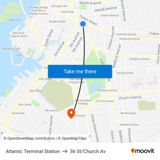 Atlantic Terminal Station to 36 St/Church Av map