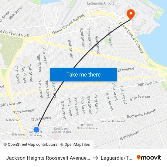 Jackson Heights Roosevelt Avenue 74th Street Station to Laguardia/Terminal C map