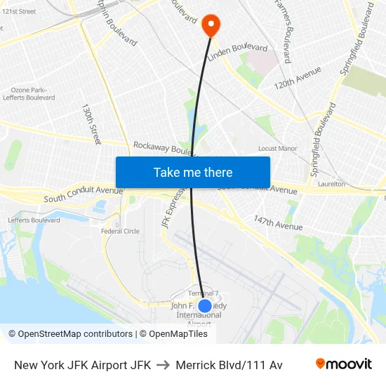 New York JFK Airport JFK to Merrick Blvd/111 Av map