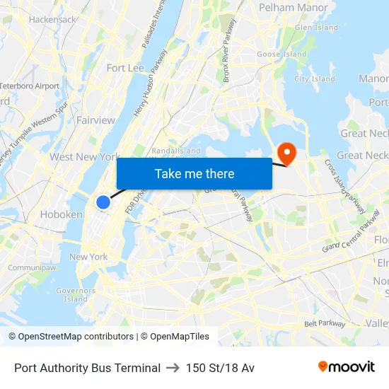 Port Authority Bus Terminal to 150 St/18 Av map