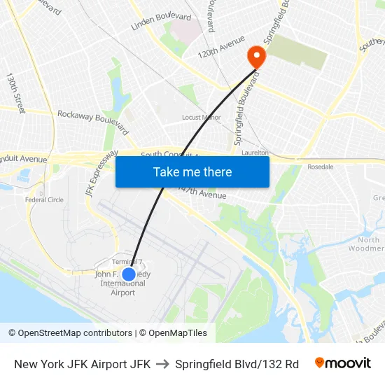 New York JFK Airport JFK to Springfield Blvd/132 Rd map