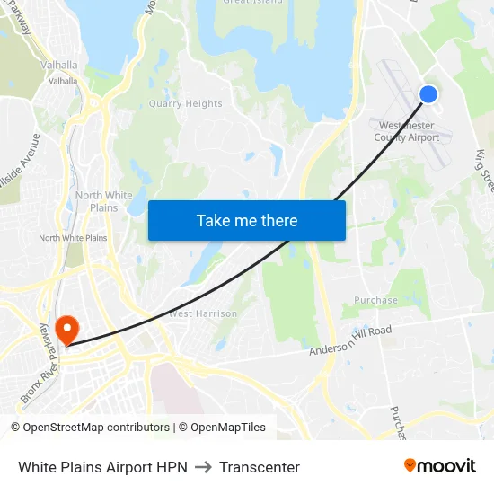 White Plains Airport HPN to Transcenter map