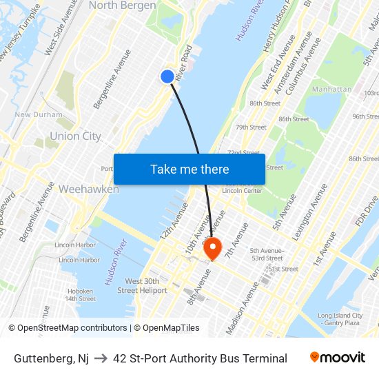 Guttenberg, Nj to 42 St-Port Authority Bus Terminal map