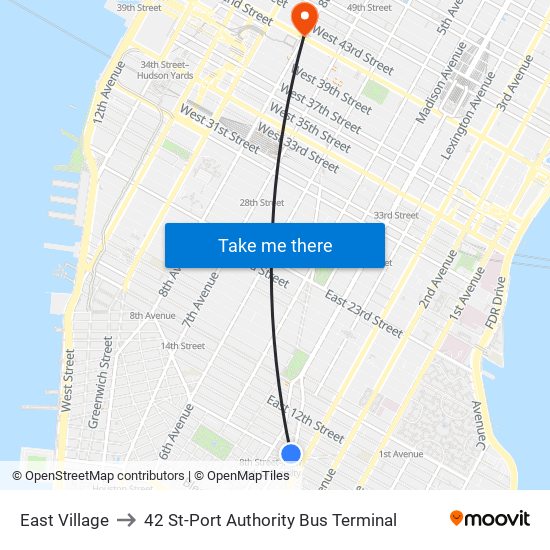 East Village to 42 St-Port Authority Bus Terminal map