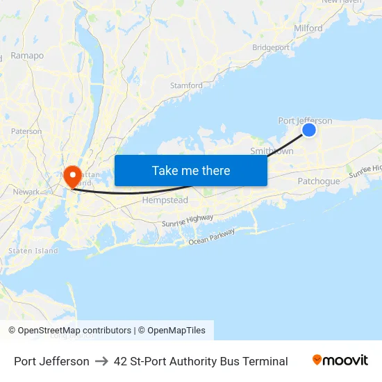 Port Jefferson to 42 St-Port Authority Bus Terminal map