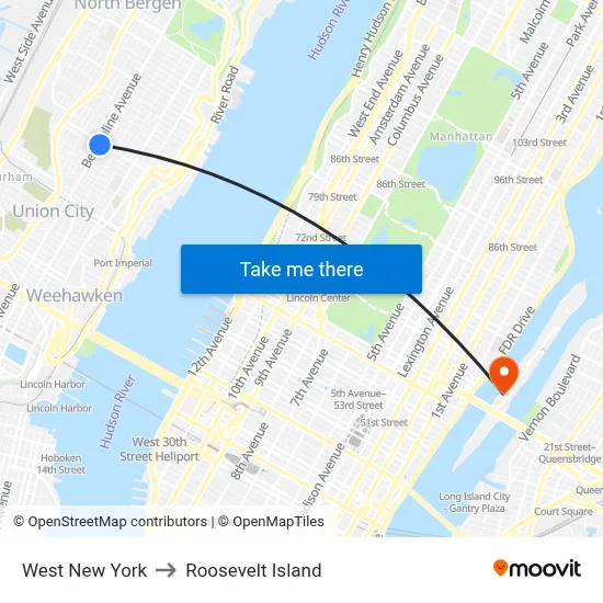 West New York to Roosevelt Island map