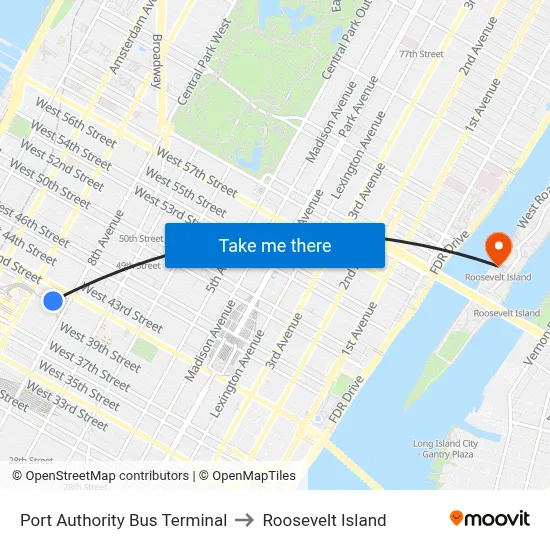 Port Authority Bus Terminal to Roosevelt Island map