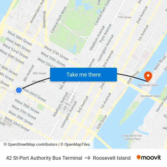 42 St-Port Authority Bus Terminal to Roosevelt Island map