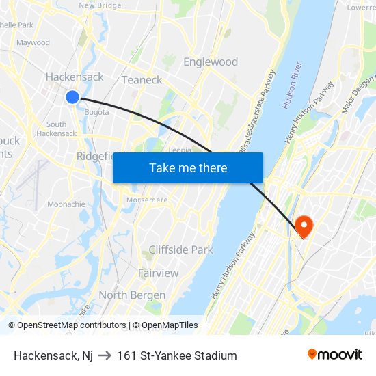 Hackensack, Nj to 161 St-Yankee Stadium map