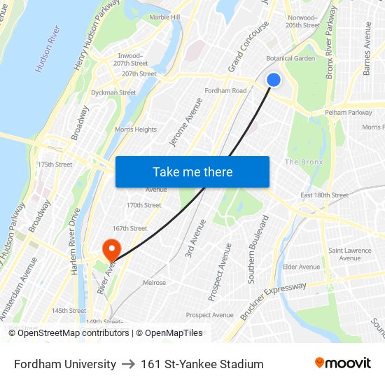 Fordham University to 161 St-Yankee Stadium map