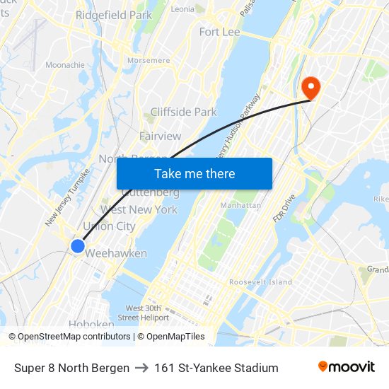 Super 8 North Bergen to 161 St-Yankee Stadium map