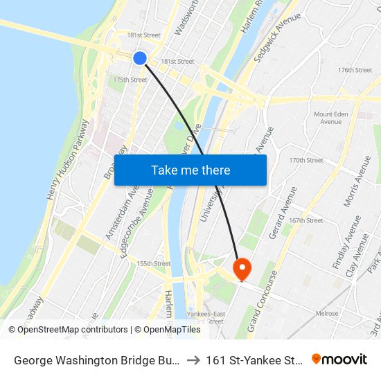 George Washington Bridge Bus Station to 161 St-Yankee Stadium map