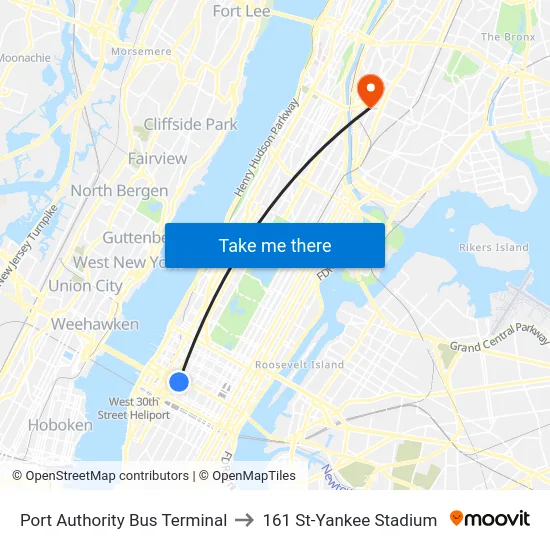 Port Authority Bus Terminal to 161 St-Yankee Stadium map