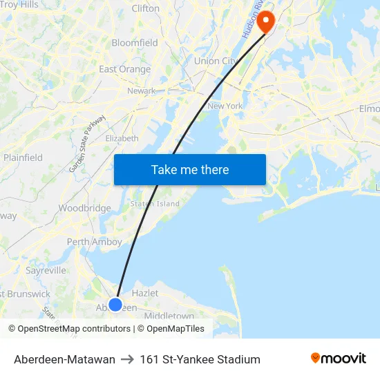 Aberdeen-Matawan to 161 St-Yankee Stadium map