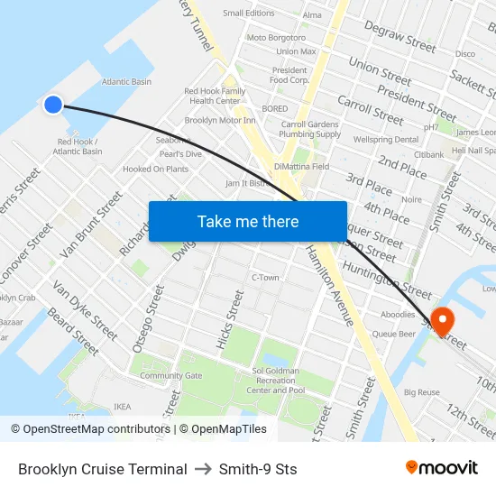 Brooklyn Cruise Terminal to Smith-9 Sts map