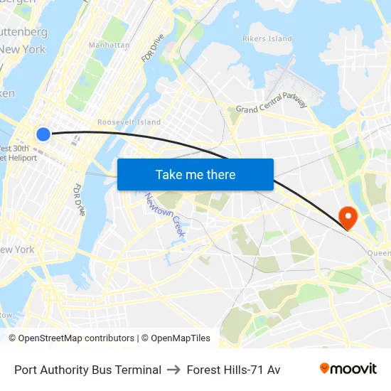 Port Authority Bus Terminal to Forest Hills-71 Av map
