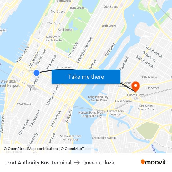 Port Authority Bus Terminal to Queens Plaza map