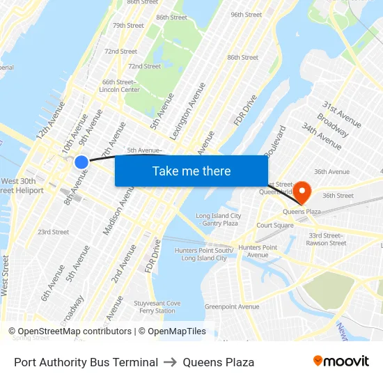 Port Authority Bus Terminal to Queens Plaza map