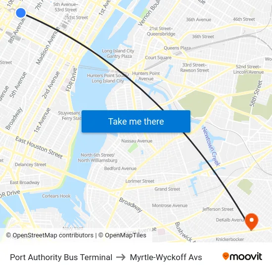 Port Authority Bus Terminal to Myrtle-Wyckoff Avs map