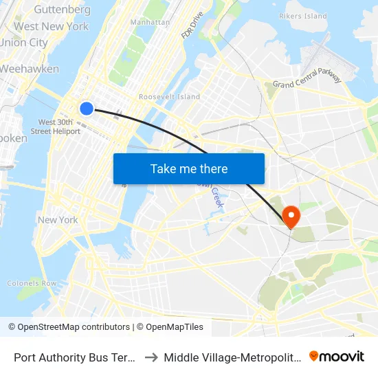 Port Authority Bus Terminal to Middle Village-Metropolitan Av map