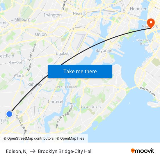 Edison, Nj to Brooklyn Bridge-City Hall map