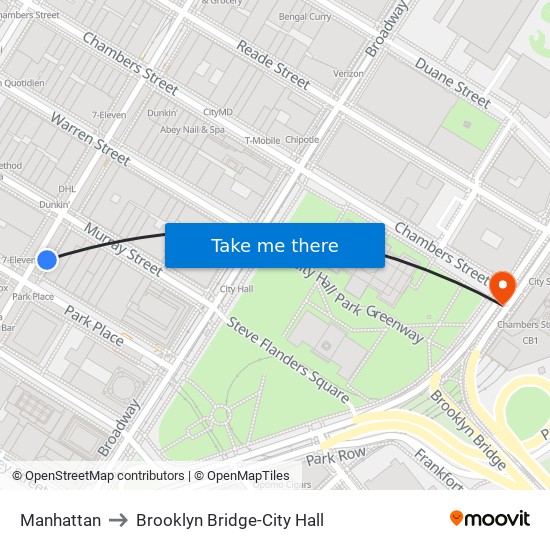 Manhattan to Brooklyn Bridge-City Hall map