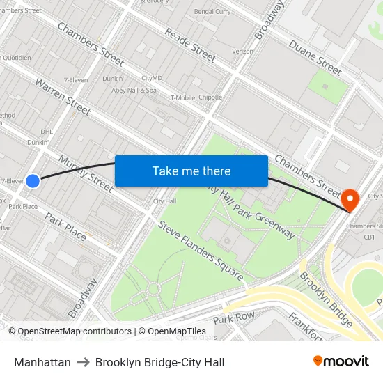 Manhattan to Brooklyn Bridge-City Hall map