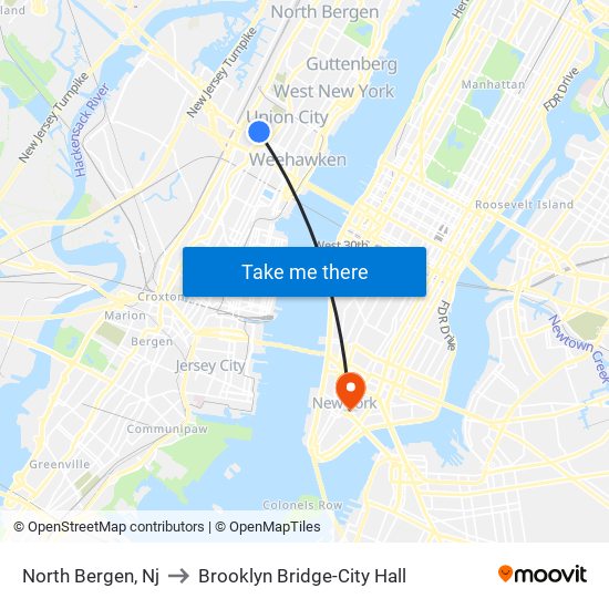 North Bergen, Nj to Brooklyn Bridge-City Hall map